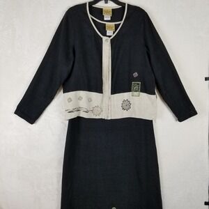 Blue Cactus Linen 2 Piece Set Jacket & Dress Black Oatmeal Art Print XL USA